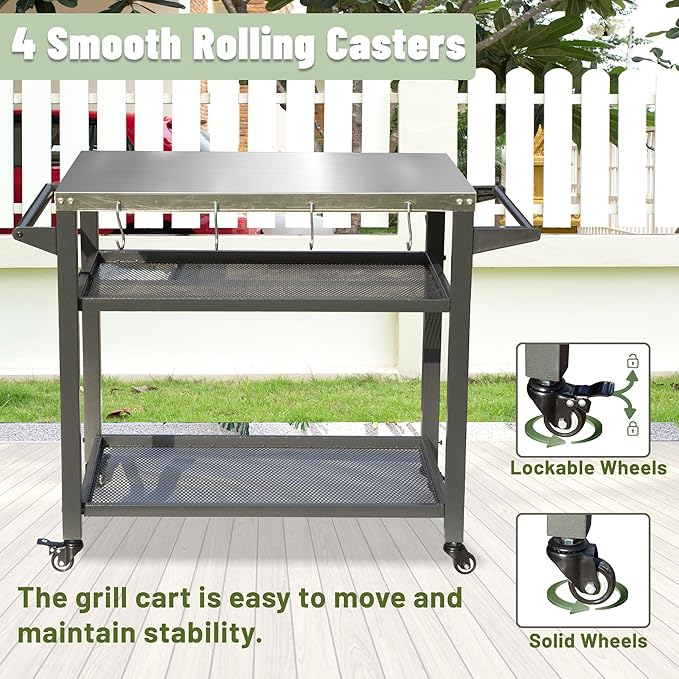 Domi 3-Shelf Outdoor Grill Table, Grill Cart with Wheels, Outdoor Pizza Oven and Food Prep Table, Blackstone with Stainless Steel Tabletop, BBQ Stand for Blackstone Griddle for Outside BBQ