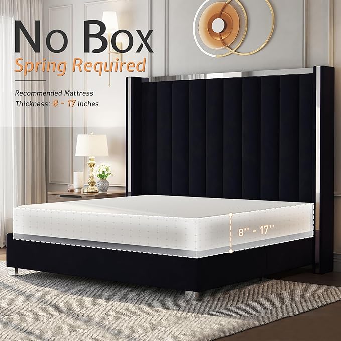 Jocisland King Size Bed Frame with 58" Tall Headboard, Velvet Upholstered Platform Bed with Channel Tufted Wingback Headboard and Plating Trim, No Box Spring Needed, Black