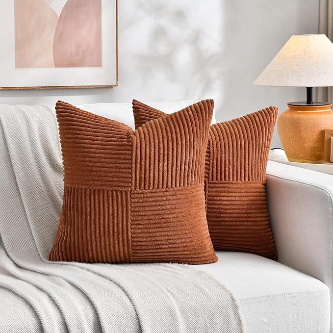 Fancy Homi 2 Packs Rust Decorative Throw Pillow Covers 16x16 Inch for Living Room Couch Bed, Rustic Farmhouse Boho Home Decor, Soft Corss Patchwork Corduroy Square Terracotta Cushion Case 40x40 cm