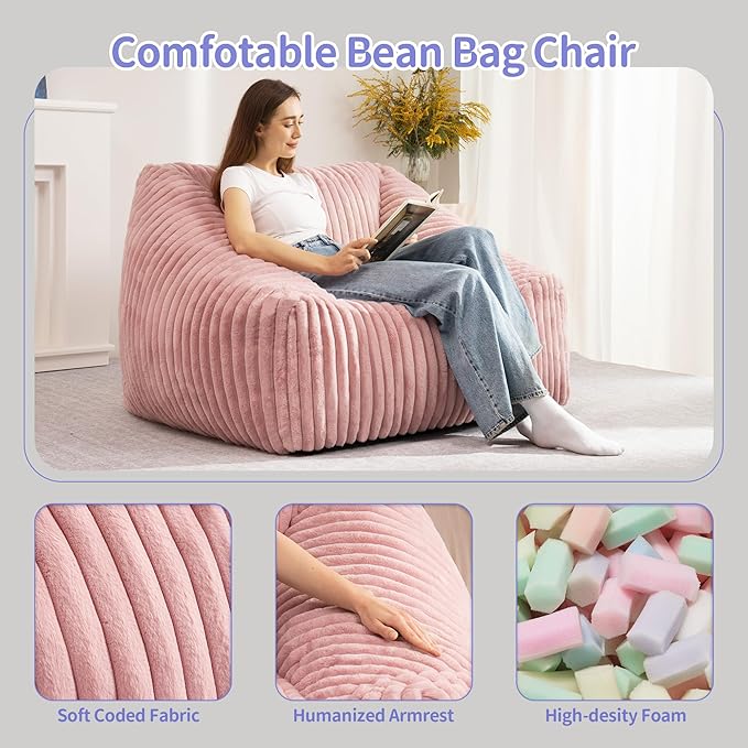 HABUTWAY Bean Bag Chair, Giant Bean Bag Chairs for Adults and Kids, Bean Bag Sofa, Lazy Floor Sofa, Faux Fur Beanbag Chair with Armrests for Living Room Bedroom (Pink)