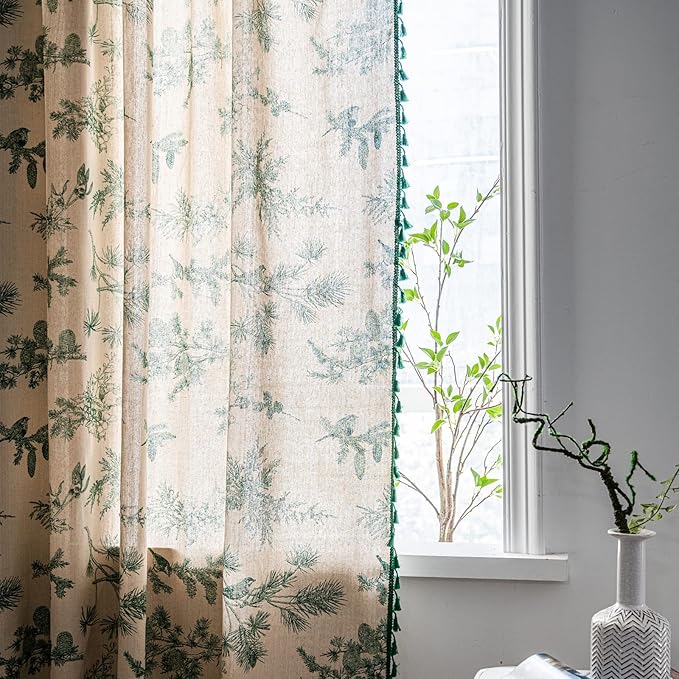 Sutuo Home Boho Curtain 84 Inches Length for Bedroom, Printed Cotton Linen Rod Pocket Semi Blackout Farmhouse Bohemian Tassels Window Treatment for Living Room, 1 Panel 59" W x 84" L, Green Forest