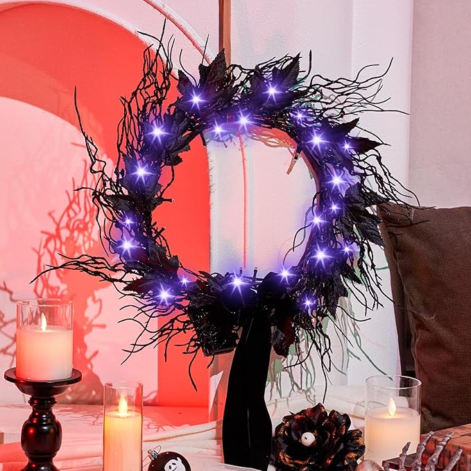 JORNOY 16inch LED Halloween Wreath with Battery Timer - Black Artificial Leaves&Silk Ribbon Decor Hanging for Front Door, Mantel, Porch, Wall, Party Decorations