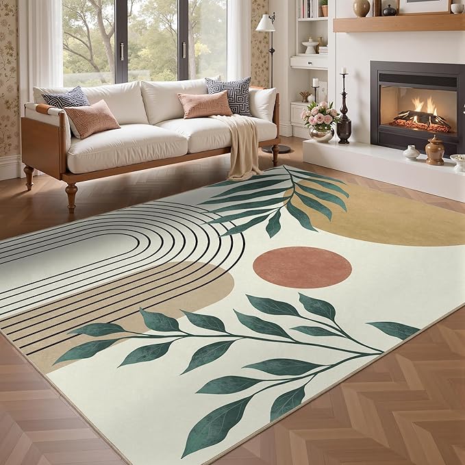 Indoor Outdoor Area Rug, Mid Century Sun Outdoor Patio Rug,Washable Abstract Art Leaves Eucalyptus Runway Rugs Non-Slip Carpet for Camping, Bedroom, Deck(8x10)