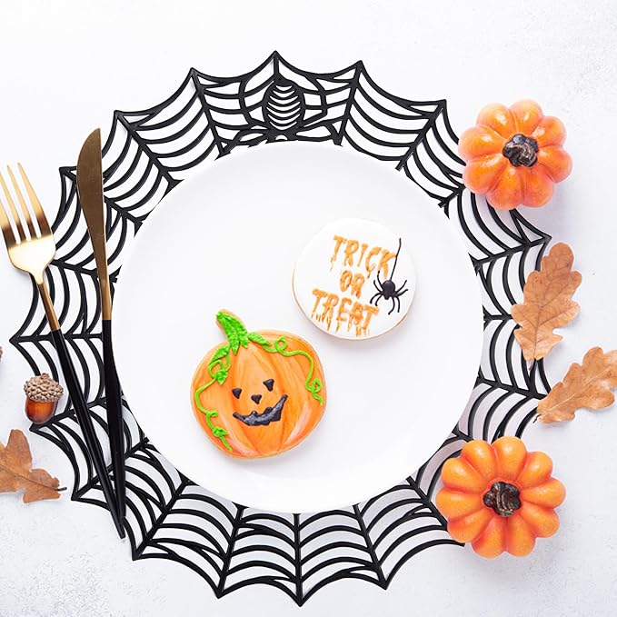 Sfcddtlg 6 Pcs Halloween Spider Web Placemats, 15" Heat Insulation Halloween Placemats Spider Web Table Mats, Hollow Out Spiderweb Coasters Placemat for Dining Table Party Decoration