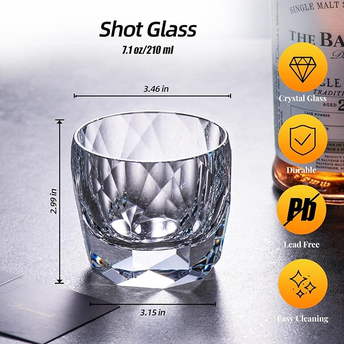 KAMMAK Crystal Whiskey Glasses Set of 2, 7.1oz Old Fashioned Glasses Stemless, Hand Blown White Cocktail Glasses, Luxury Handcrafted Cut Ice Ball Cup for Women, Perfect Men Gift for Bourbon