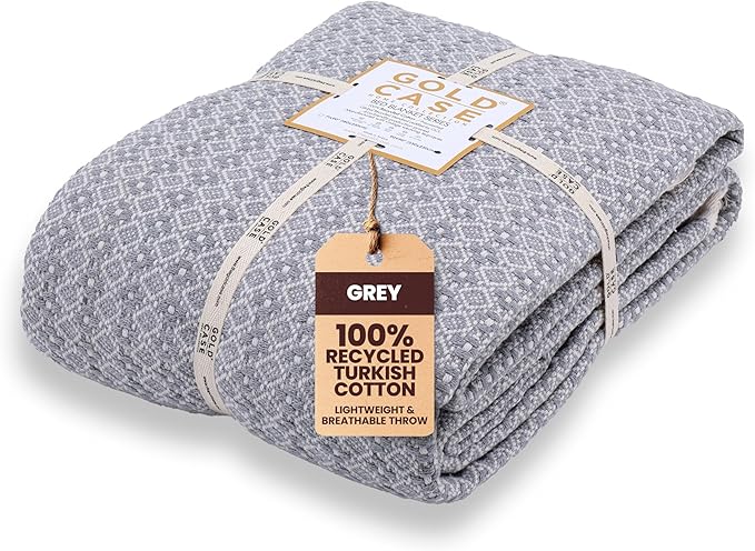 Gold Case Throw Blanket for Bed – 100% Recycled Turkish Cotton Bed Blanket – Decorative Throw Cotton Blankets for Living Room & Bedroom – Woven Twin Blankets - 71x90 - Grey
