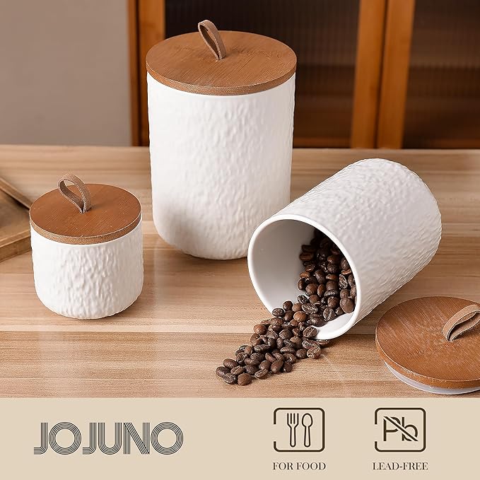 JOJUNO White Ceramic Canister Set with Wooden Lid, 3-Piece Airtight Food Storage Jars for Kitchen Counter - Flour, Sugar, Coffee, Tea, Spice - Small, Medium, Large Sizes - Stone Texture