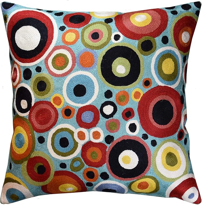 Turquoise Polka Dots Decorative Pillow Cover Contemporary Pillowcase Blue Modern Outdoor Chair Cushion Throw Sofa Couch Cushions Hand Embroidered Wool 18x18