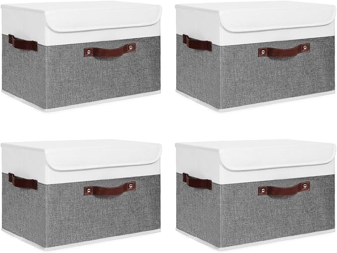 ANMINY 4PCS Storage Boxes with Lid Washable Decorative Storage Bins Basket with PU Leather Handle Foldable Linen Fabric Storage Cubes Containers for Home Closet Organizer - Gray White, Large Size