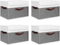 ANMINY 4PCS Storage Boxes with Lid Washable Decorative Storage Bins Basket with PU Leather Handle Foldable Linen Fabric Storage Cubes Containers for Home Closet Organizer - Gray White, Large Size