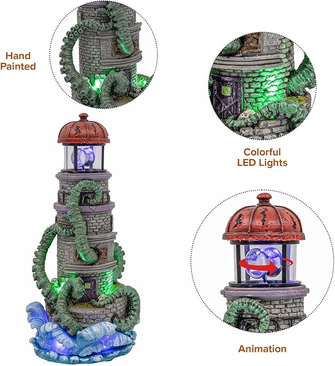 Lighthouse Attack Kraken Theme Spooky Halloween Village Multi-Color LED Lights, Animated Rotating Food Light and Music 6" x 5.5" x 12"