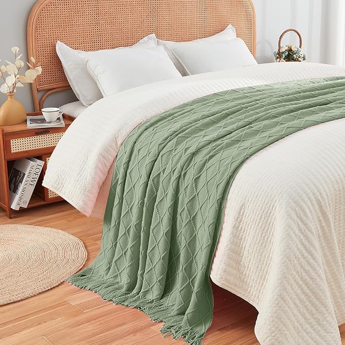 inhand Sage Green Throw Blanket for Couch, Soft Living Room Home Decor Knitted Twin Size Blanket, Outdoor Lightweight Breathable Summer Blanket, Farmhouse Warm Woven Decorative, 60"x80"