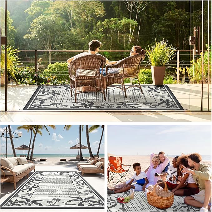 COCOER Outdoor-Rug 8x10 ft Waterproof Reversible Outdoor Plastic Straw Rug RV Indoor Outdoor Carpet Quick Dry Patio Rug Camping Mat for Balcony Backyard Picnic Beach-Grey&Beige