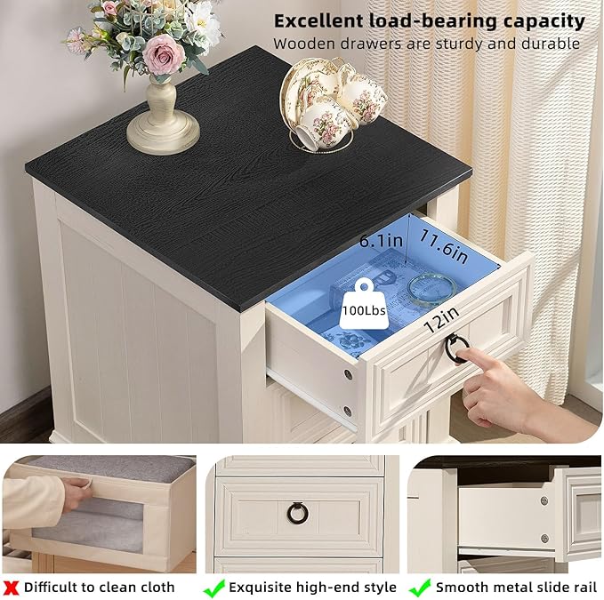 18" Farmhouse Night Stand with 3 Drawers, Wood End Table Dresser for Bedroom, White Nightstand, Bed Side Table with Metal Handle, Bedside Cabinet for Bedroom Living Room, Closet