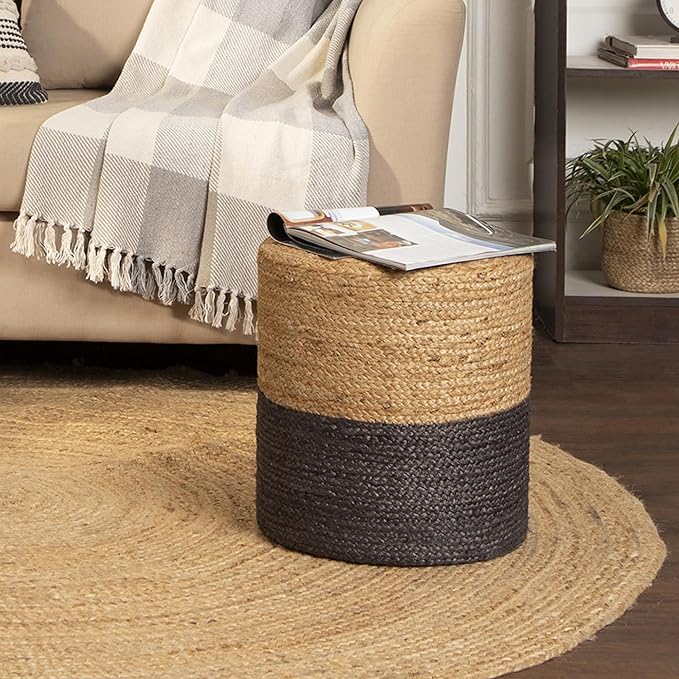 REDEARTH · Cylindrical Pouf Foot Stool Ottoman - Jute Braided Pouffe Poof Accent Sitting Footrest for Living Room, Bedroom, Nursery, Patio, Lounge - Set of 2 (14.5”x14.5”x16”; Natural Gray)