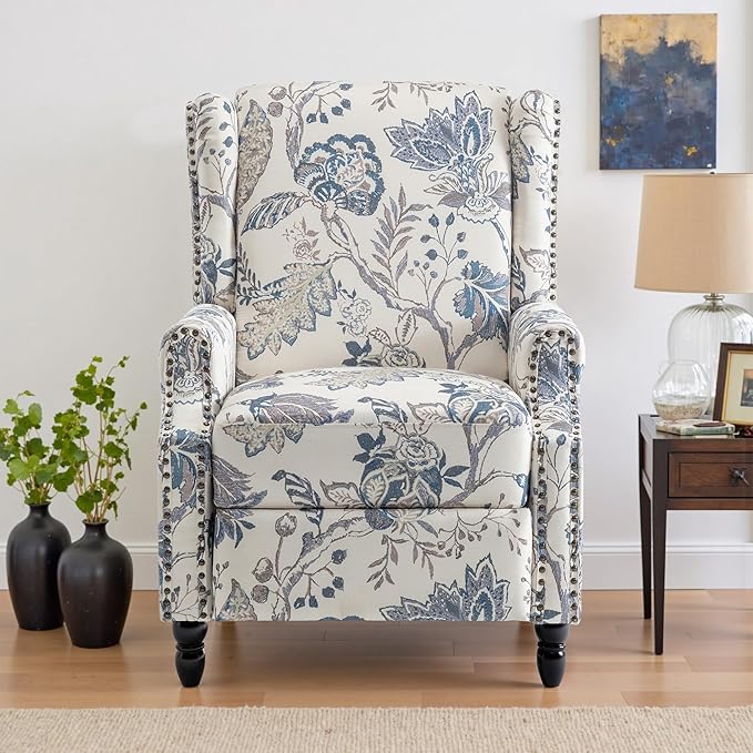 UIXE Pushback Recliner Chair, Push Back Accent Chair Fabric Upholstered Armchair for Living Room, Rivet Trim Home Theater Single Sofa Bedroom Reading Seat - Blue Plants