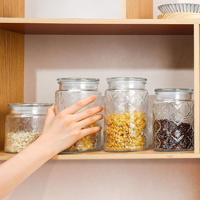 32oz Vintage Glass Jar With Lid, Glass Storage Containers, Airtight Kitchen Storage Containers For Sugar, Coffee, Tea, Spice, Flour, Candy Cookie, Pasta, Cereal, Cute Decorative Jars