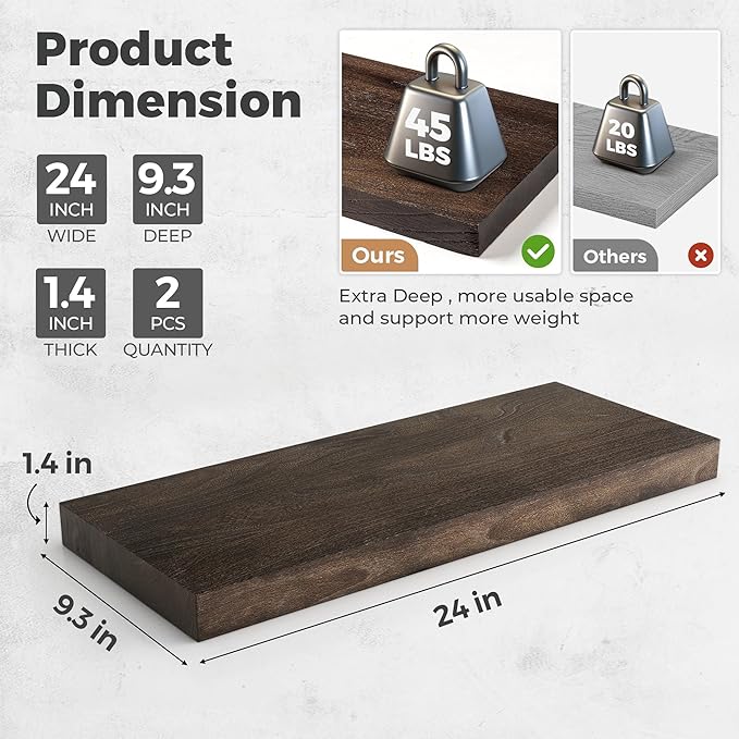 RICHFOCUS Elm Floating Shelves for Wall - 24" W x 9.3" D Rustic Solid Wood Shelves with Invisible Bracket, Wall-Mounted for Living Room, Bedroom, Kitchen Storage & Display, Set of 2, Walnut