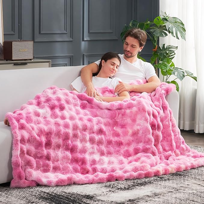 Cozy Bliss Faux Fur Throw Blanket for Couch, Fuzzy Soft Plush Thick Bubble Blanket for Sofa Bedroom Living Room, 60 * 80 Inches Tie Dye Pink