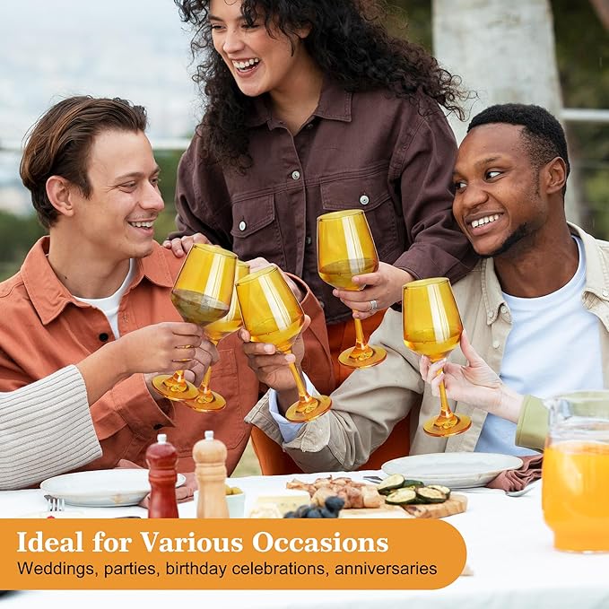 Amber Wine Glasses Set of 6-12oz Amber Long Stem Wine Glass Cups, Pretty Crystal Glassware, Hand Blown Goblets Drinkware, Unique Drinking Stemware Holiday Gift Set