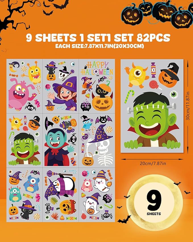 Halloween Window Clings - 9 Sheets 82 Pcs Cute Happy Halloween Window Decorations Indoor for Home Eyes Party Ghost Cat Bat Witch Stickers for Glass Double-Sided Removable Static Glass Decals