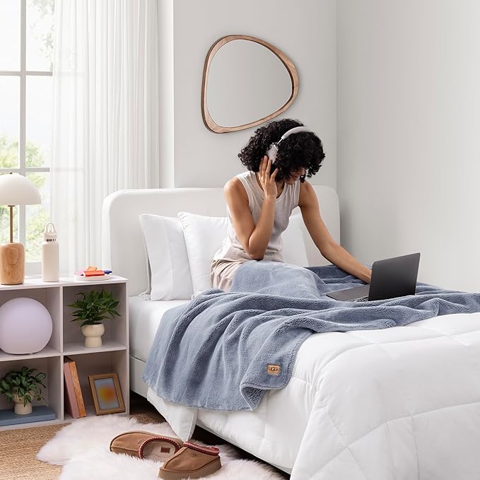 UGG Whitecap Plush Throw Blanket Fleece Lightweight Soft Cozy Throw for Couch or Bed Luxury Home Decor for Living Room Washable Hypoallergenic Blankets for Dorm Decor, 50-inch x 70-inch, Denim Blue