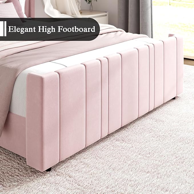 HOMBCK King Size Bed Frame and Headboard, Upholstered Bed with Vertical Channel Tufted Headboard & Footboard, Wooden Slats/Noise Free/No Box Spring Needed/Easy Assembly, Pink