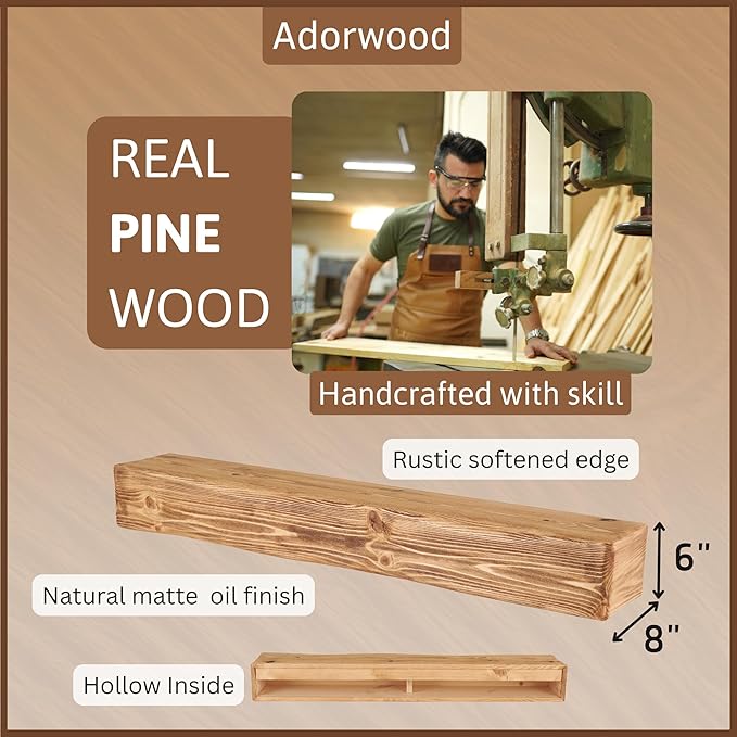 Handmade Fireplace Mantel Shelf 72", Extra Wide Rustic Wood Mantles for Over Fireplace, Wall Mounted Floating Mantel Shelves for Living Room Decor (Light Rustic, 72Lx6Hx8D)