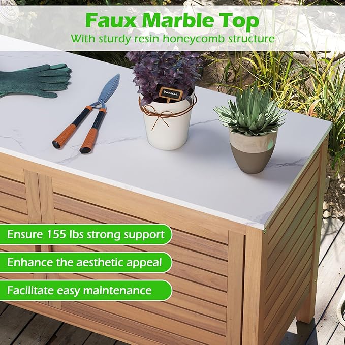 Goplus Patio Storage Cabinet, 2-Door Acacia Wood Storage Container with Faux Marble Top, Outdoor Wooden Sideboard for Deck, Garden, Lawn and Backyard