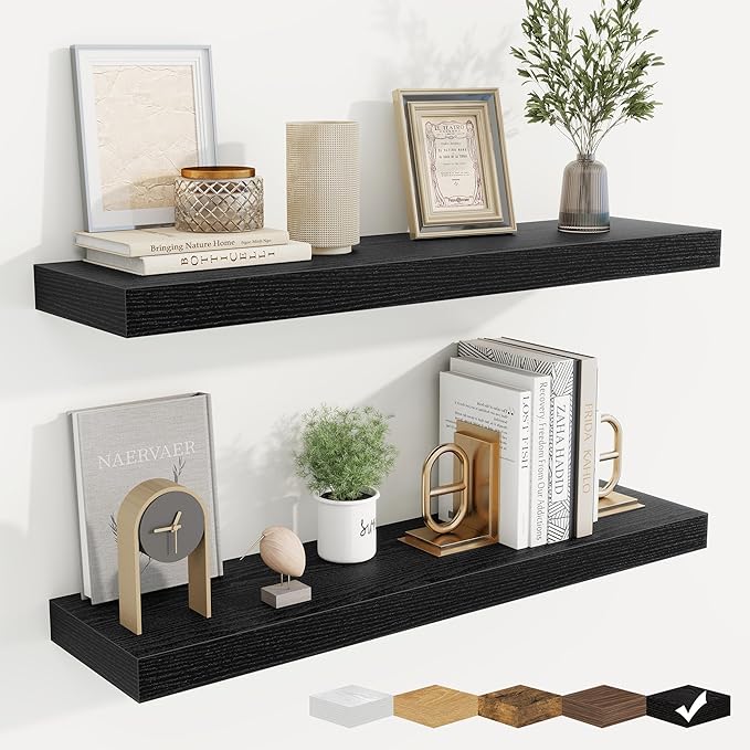 fuqing Floating Shelves for Wall, Bathroom Shelf Wall Mounted for Storage, Shelves with Invisible Bracket for Bedroom, Kitchen, Living Room, Farmhouse Small Book Shelf, 30 Inch Set of 2, Black