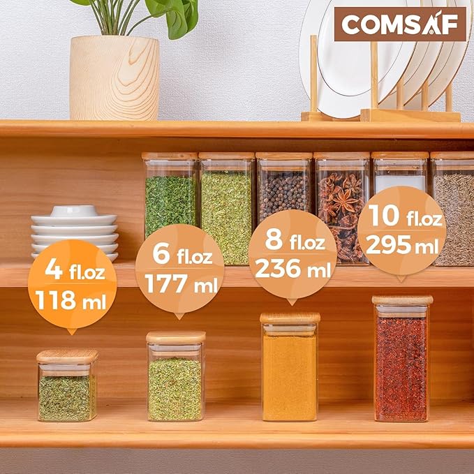 ComSaf Spice Jars with Labels 4 oz 6Pack, Small Spice Containers Starter Set, Glass Seasoning Jars with Lids, Square Seasoning Containers for Salt, Pepper, Chili Powder, Sugar, Ginger Ground, Cumin