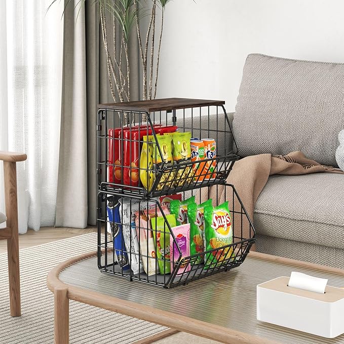 Wetheny 2 Tier Stackable Wall Mounted Wire Basket Fruit Basket with Wood Lid - Kitchen Pantry Organization and Storage, Hanging Storage Basket for fruits, Onion, Potato, Produce, Vegetable (Black)