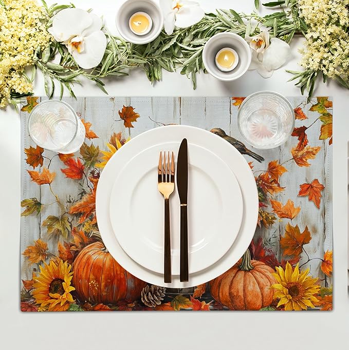 Fall Placemats 12x18 Inch Set of 4 Pumpkin Maple Leaves Sunflower Bird Linen Place Mat Burnt Orange Autumn Thanksgiving Harvest Table Mats for Party Kitchen Dining Decoration