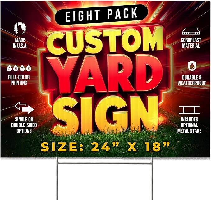 8 Pack 24"x18" Custom Yard Signs with Stakes, Personalized Yard Signs for Outdoors, Customized Full Color Print Corrugated Signs for Business