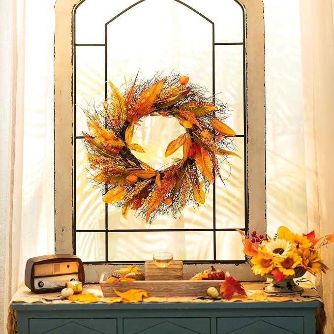 Fall Wreath for Thanksgiving Decorations 24inch - Walasis Large Wheat Wreaths for Front Door - Harvest Grain Gold Autumn Wall Decor for Indoor Outdoor
