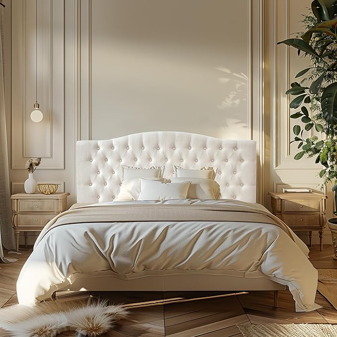 Linen Upholstered Headboard Queen/Full Size Bed Tufted Button Headboard, Featuring High-Density Sponge Padding, Luxury Texture Easy Assembly Comfort and Style-Ivory