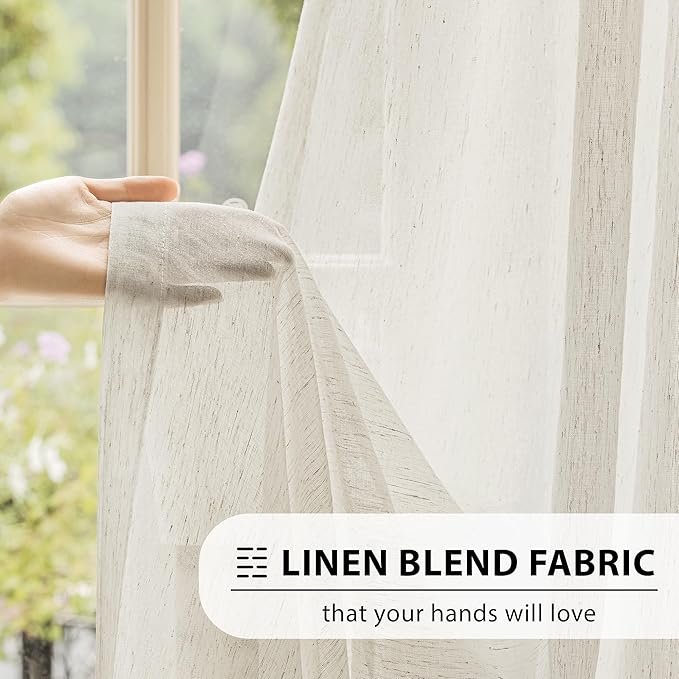 FMFUNCTEX Linen Sheer Curtains for Living Room, Beige Curtains 96 inches Long for Bedroom, Natural Flax Blend Window Draperies for Farmhouse Curtain, Rod Pocket 2 Panels