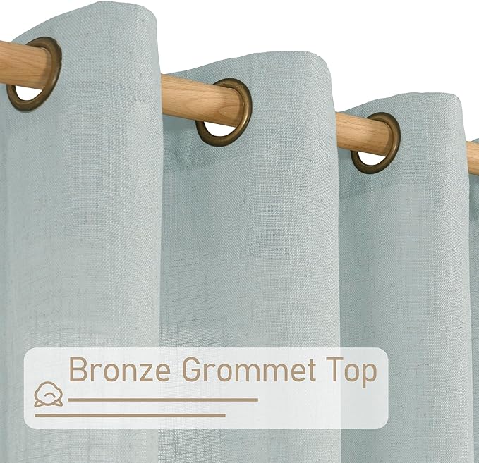 LAMIT Short Linen Curtains 30 Inch Length for Small Windows, Semi Sheer Light Filtering Panels Bronze Grommet Cafe Drapes for Half Window, Greyish Blue, 2 Panels, 34 x 30 Inch