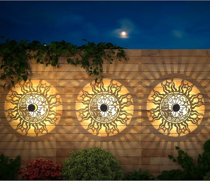 2 Pack Solar Fence Lights Metal Solar Powered Outdoor Wall Deck Lights Sun Moon Theme Waterproof Fence Light for Garden Post Patio Backyard Yard Decor (Face, 2 Pack)