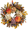 24Inch Fall Wreaths for Front Door,Fall Wreath with Beige Hydrangea,Orange Dahlia Artificial Flowers,Pumpkins,Autumn Wreaths for Harvest Thanksgiving Halloween Indoor Outdoor Home Decor