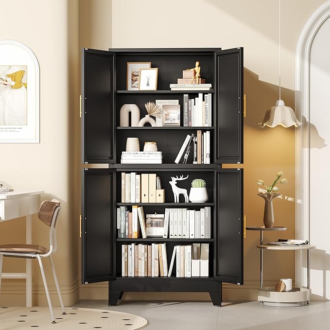 75.2" Tall Metal Pantry Cabinet, Storage Cabinets with 4 Door and 4 Adjustable Shelves, Black Kitchen Pantry Storage Cabinet, Freestanding Cupboard for Kitchen Dining Room Living Room Bathroom