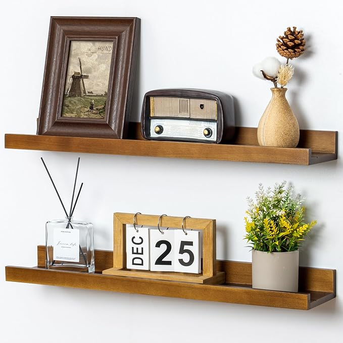 Picture Ledge Wall Shelves 24 inch Width Set of 2, Solid Pine Wood Rustic Floating Ledge Shelves for Wall for Kids' Room Bedroom Kitchen Bathroom Living Room Nursery Display Wall Decor, Walnut