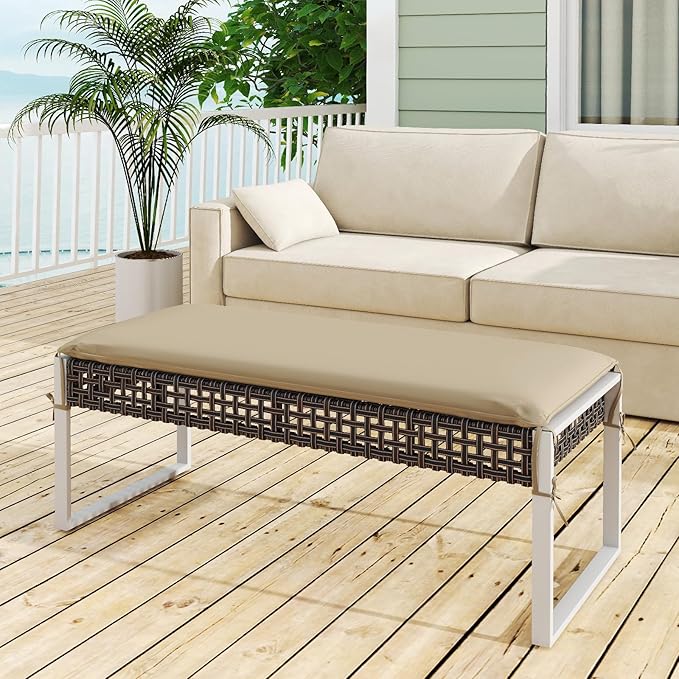 Tangkulka Outdoor Ottoman, Patio Rattan Heavy Duty Wicker Footrest with Soft Cushion & Metal Frame, Extra Seating, for Porch, Backyard, Lawn and Poolside (1)