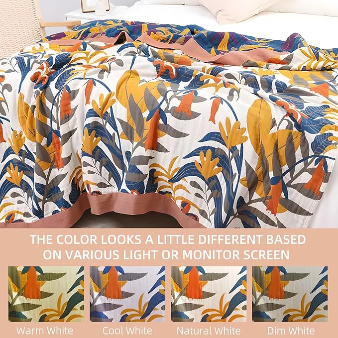 Boho Throw Blanket for Bed - 100% Pure Cotton Ultra Soft Rustic Quilt - Farmhouse Decor Bed Blankets, All Season Rustic Throw for Sofa Couch Chair(80''x 90'', Floral Sea)