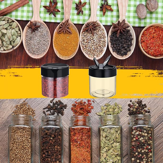 50 Pack 4.7 oz Plastic Spice Jars with Black Cap Empty Clear Plastic Spice Bottle Containers Reusable Seasoning Jars with Shaker Lids for Kitchen Storing and Dispensing Salt Powders