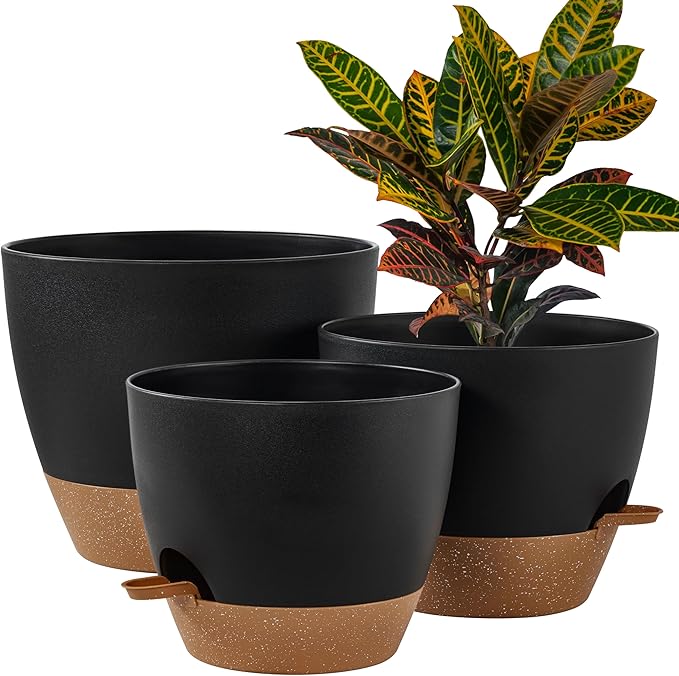 FaithLand 3-Pack Large Planter Pots, 12 10 9 Inch Self Watering Flower Pots for Indoor Outdoor Garden Plants, Black with Brown
