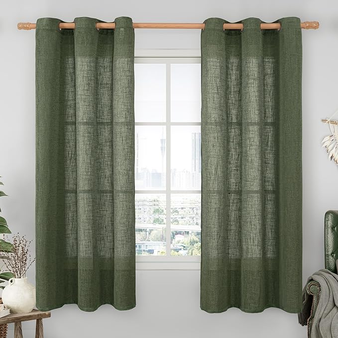 LAMIT Olive Green Linen Curtains 63 Inch Length 2 Panels for Bedroom, Light Filtering Window Treatments Semi Sheer Neutral Drapes with Bronze Grommet for Farmhouse, 34 X 63 Inch