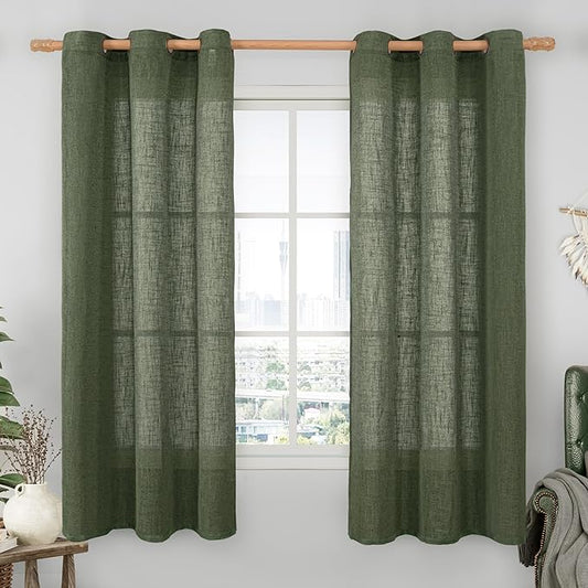 LAMIT Olive Green Linen Curtains 63 Inch Length 2 Panels for Bedroom, Light Filtering Window Treatments Semi Sheer Neutral Drapes with Bronze Grommet for Farmhouse, 34 X 63 Inch