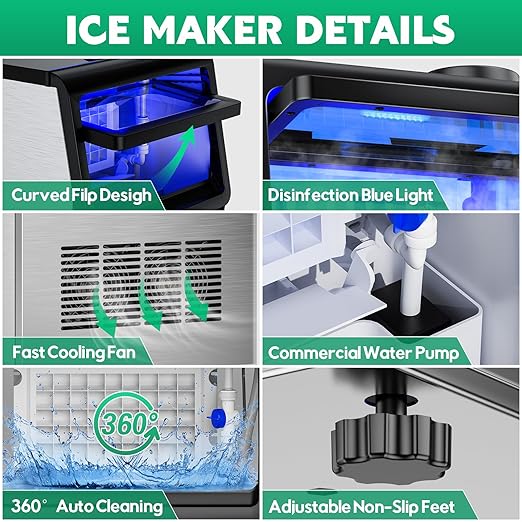 Commercial Ice Maker Machine 130Lbs/24H with 30Lbs Ice Capacity, 45Pcs Clear Ice Cubes Ready in 8-15Mins, Stainless Steel Under Counter Freestanding Large Ice Machine, 2 Water Inlet Modes