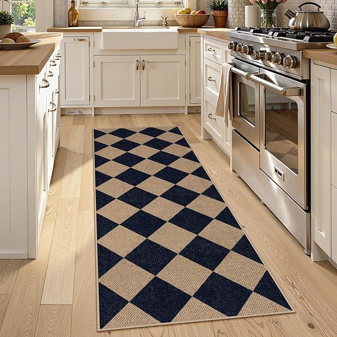 Lahome Checkered Easy Jute Runner Rug, 2x6 Kitchen Mats for Floor Washable Entryway Runner, Checkerboard Black Indoor Outdoor Carpet for Hallway 6ft Entry Laundry